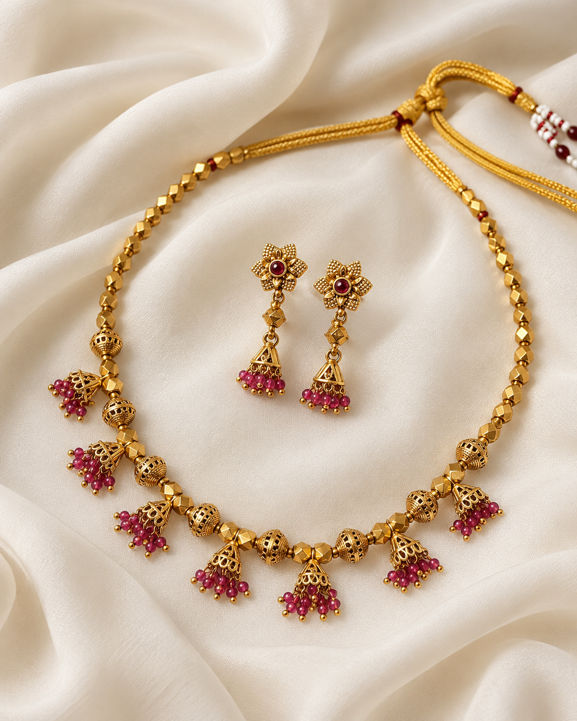 Ashtapailu Ruby Jhumki Necklace With Studs