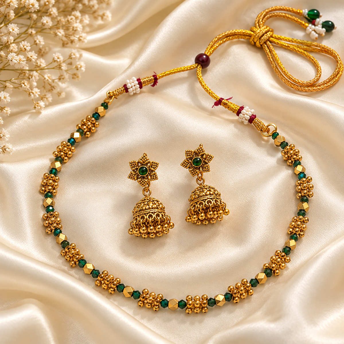 Ashtapailu Green Kanthi Necklace With studs