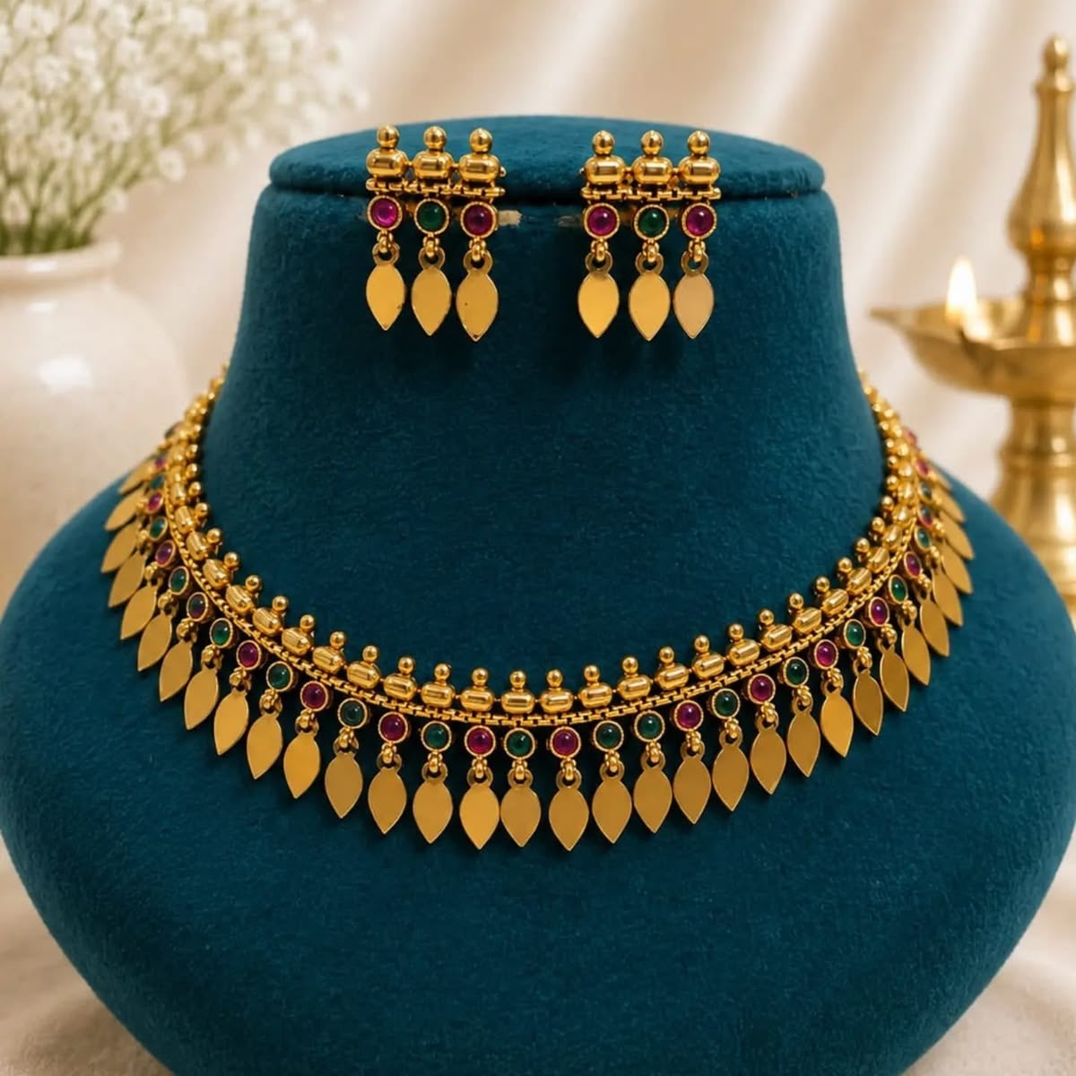 Ashtapailu Ruby and Green Necklace With Studs