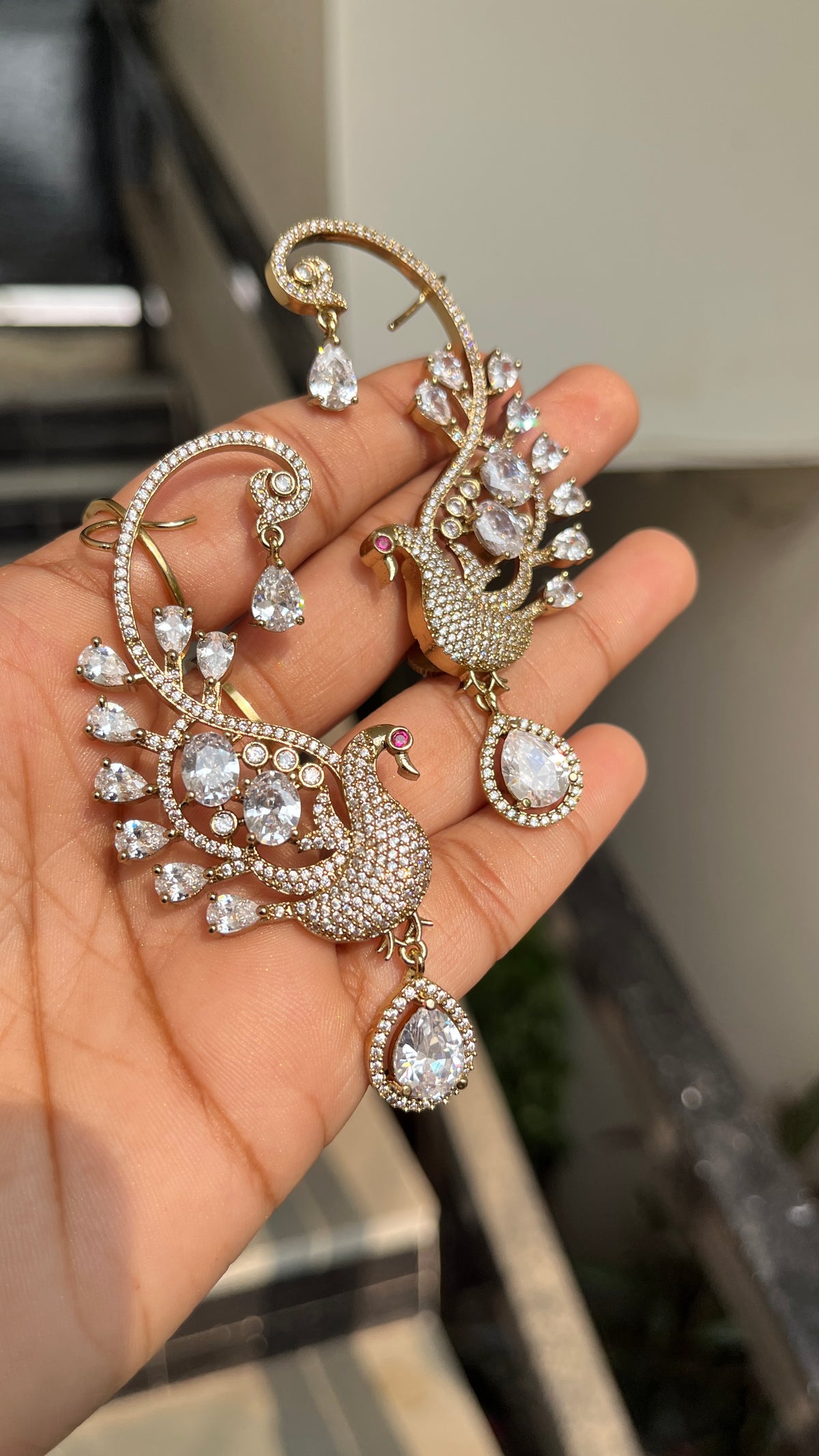 Royal Peacock Golden Drop Earrings
