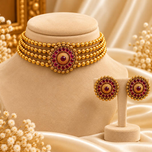 Ashtapailu Ruby Chokar Necklace With Studs