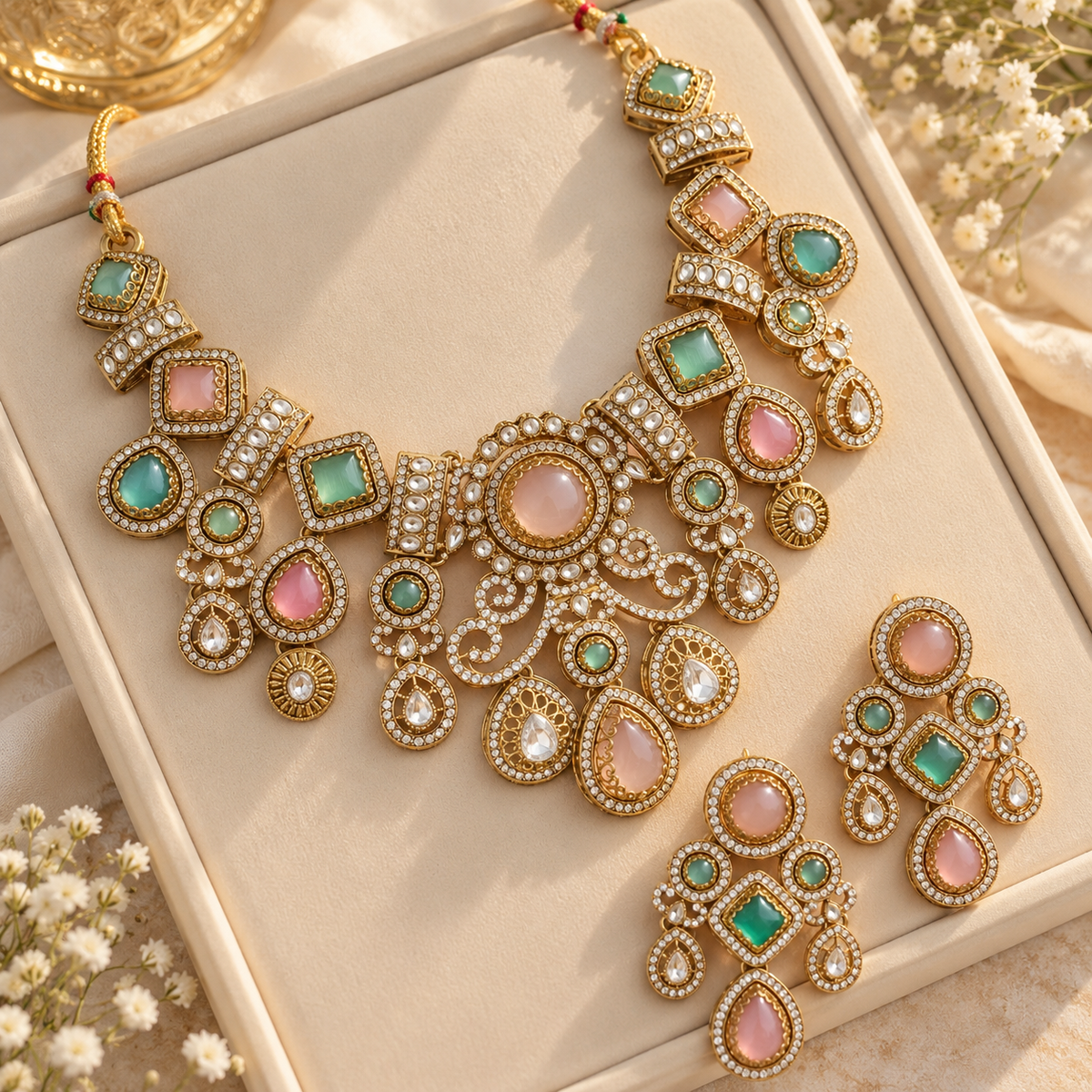 Blush Mint Narzika Premium Sabya Inspired Necklace Set with Earring & Teeka