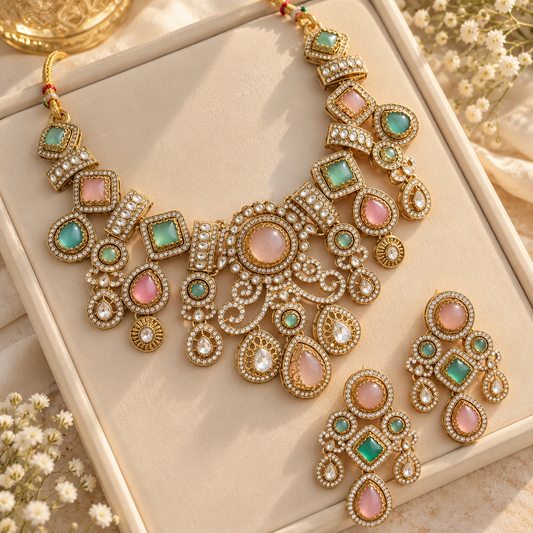 Blush Mint Narzika Premium Sabya Inspired Necklace Set with Earring & Teeka