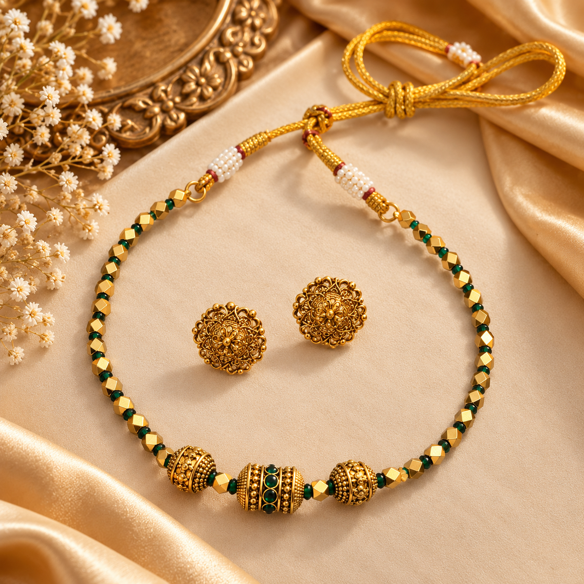 Ashtapailu Green Kanthi Necklace With Studs