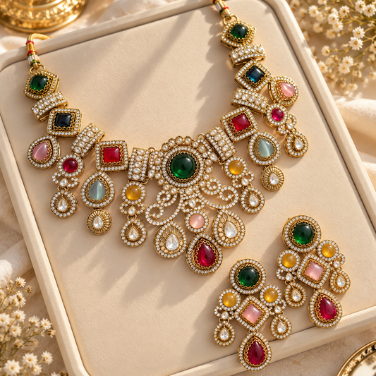 Multi Narzika  Premium Sabya Inspired Necklace Set with Earring & Teeka