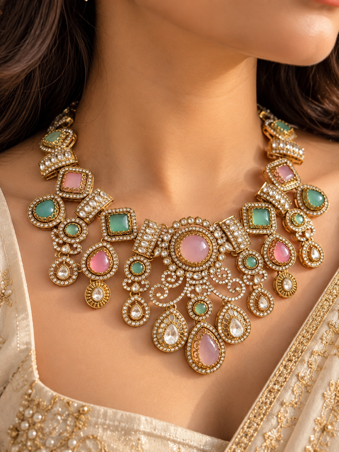 Blush Mint Narzika Premium Sabya Inspired Necklace Set with Earring & Teeka
