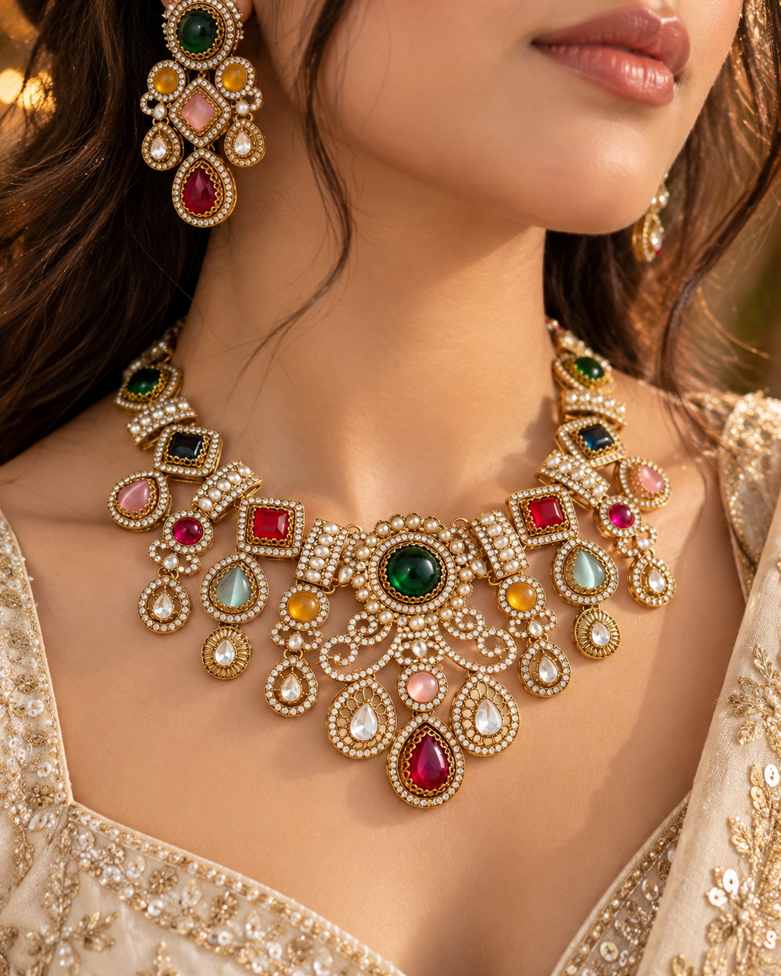 Multi Narzika  Premium Sabya Inspired Necklace Set with Earring & Teeka