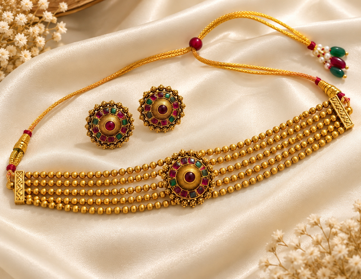 Ashtapailu Multi Chokar Necklace With Studs