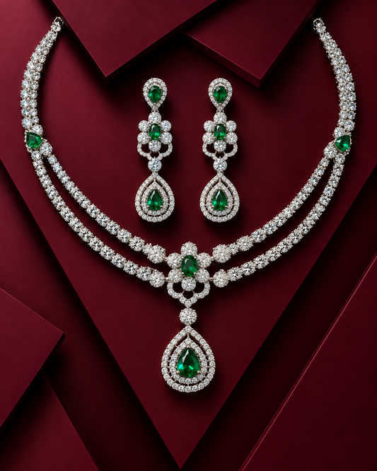 Emerald Royale Double Layer Necklace With Earrings