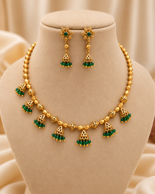 Ashtapailu Green Jhumki Necklace With Studs