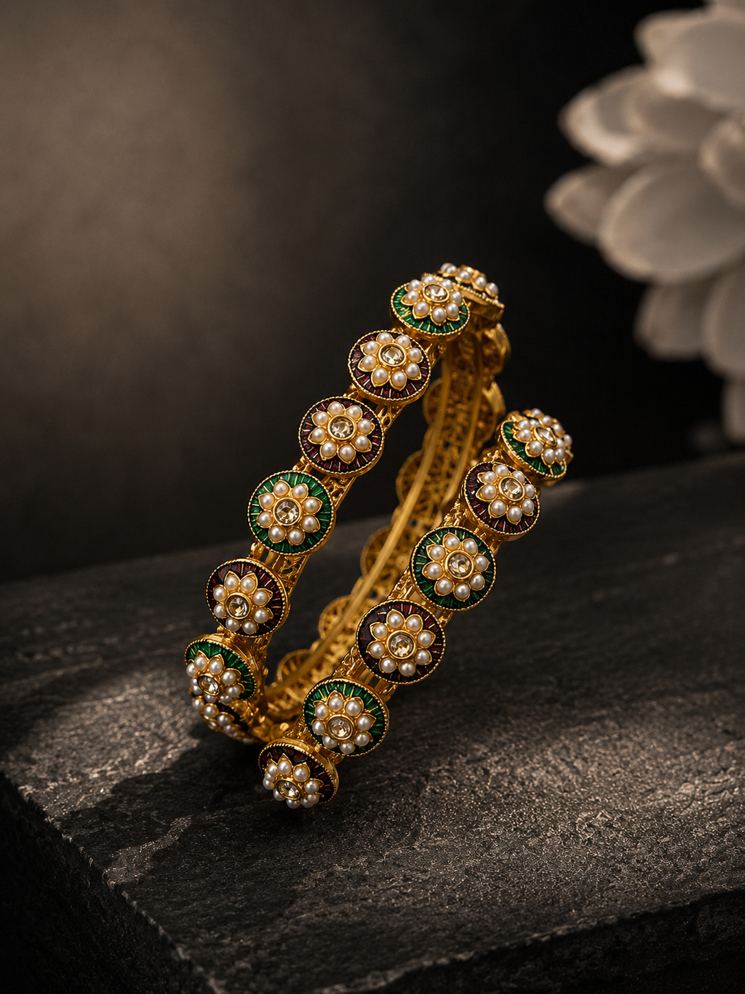 Royal Pearl Ruby-Green Bangdi Bangles