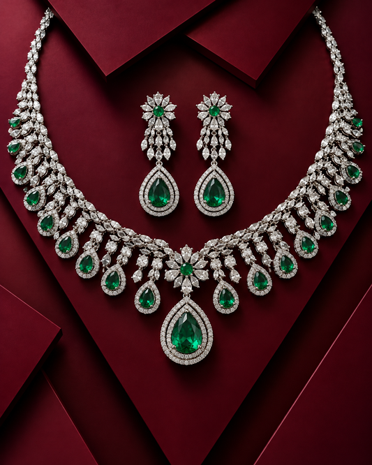 Emerald Royale Green Ad Necklace Set With Earrings