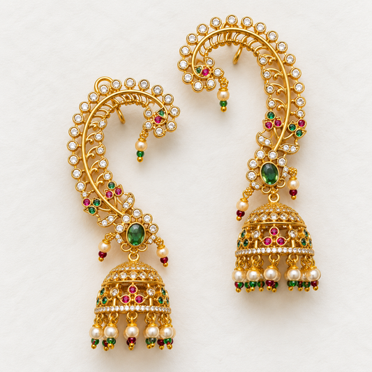 Premium Emerald Gold Jhumki Ear-Cuffs