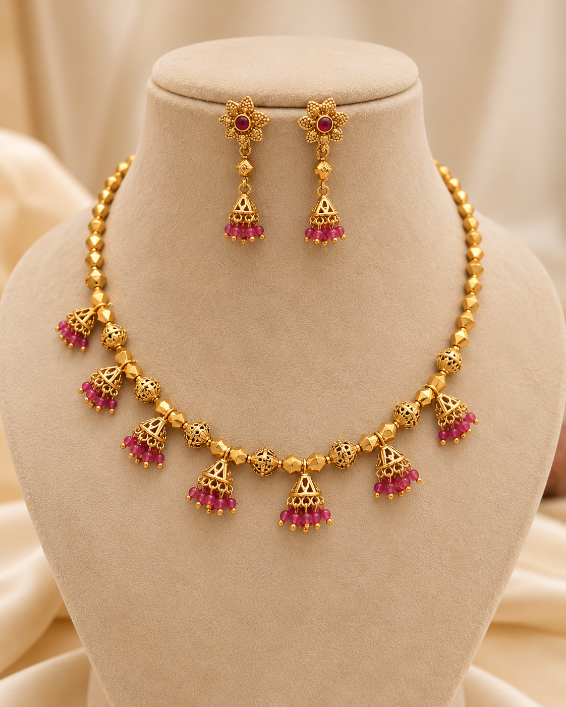 Ashtapailu Ruby Jhumki Necklace With Studs