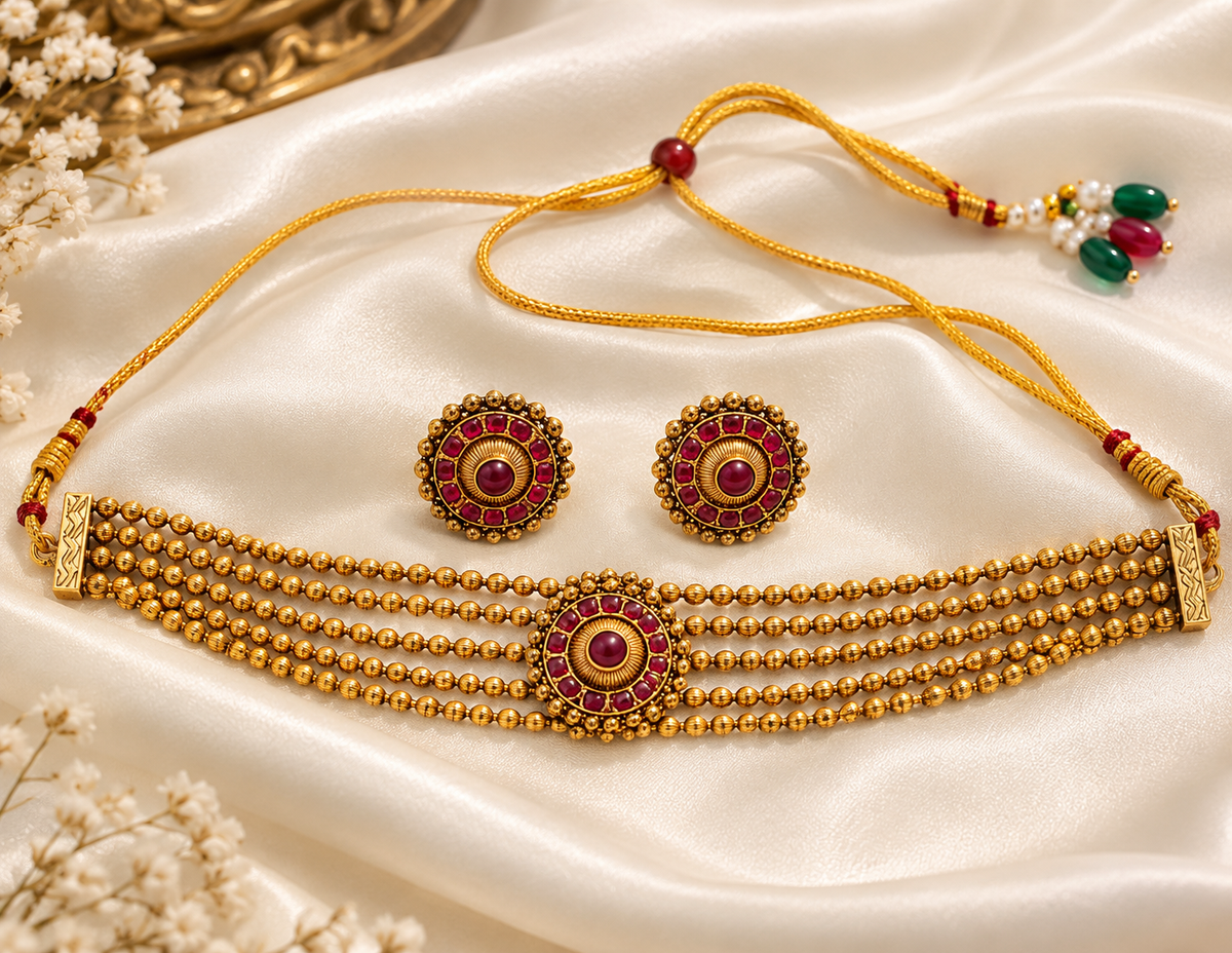 Ashtapailu Ruby Chokar Necklace With Studs