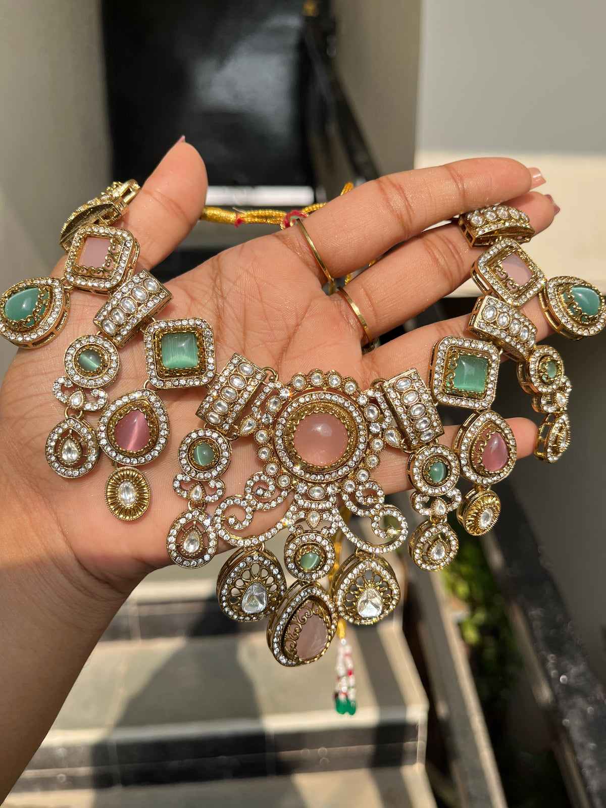 Blush Mint Narzika Premium Sabya Inspired Necklace Set with Earring & Teeka