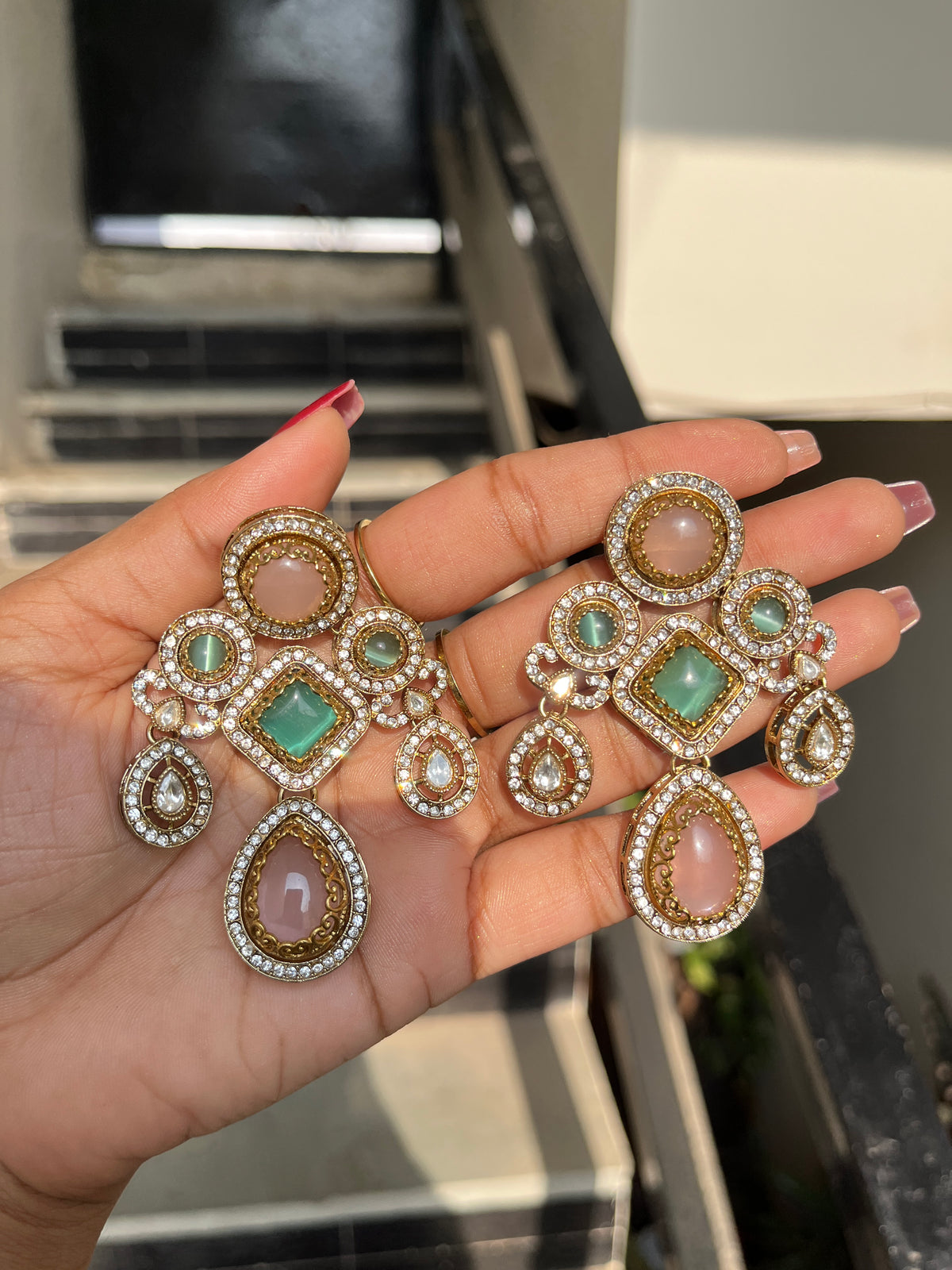 Blush Mint Narzika Premium Sabya Inspired Necklace Set with Earring & Teeka