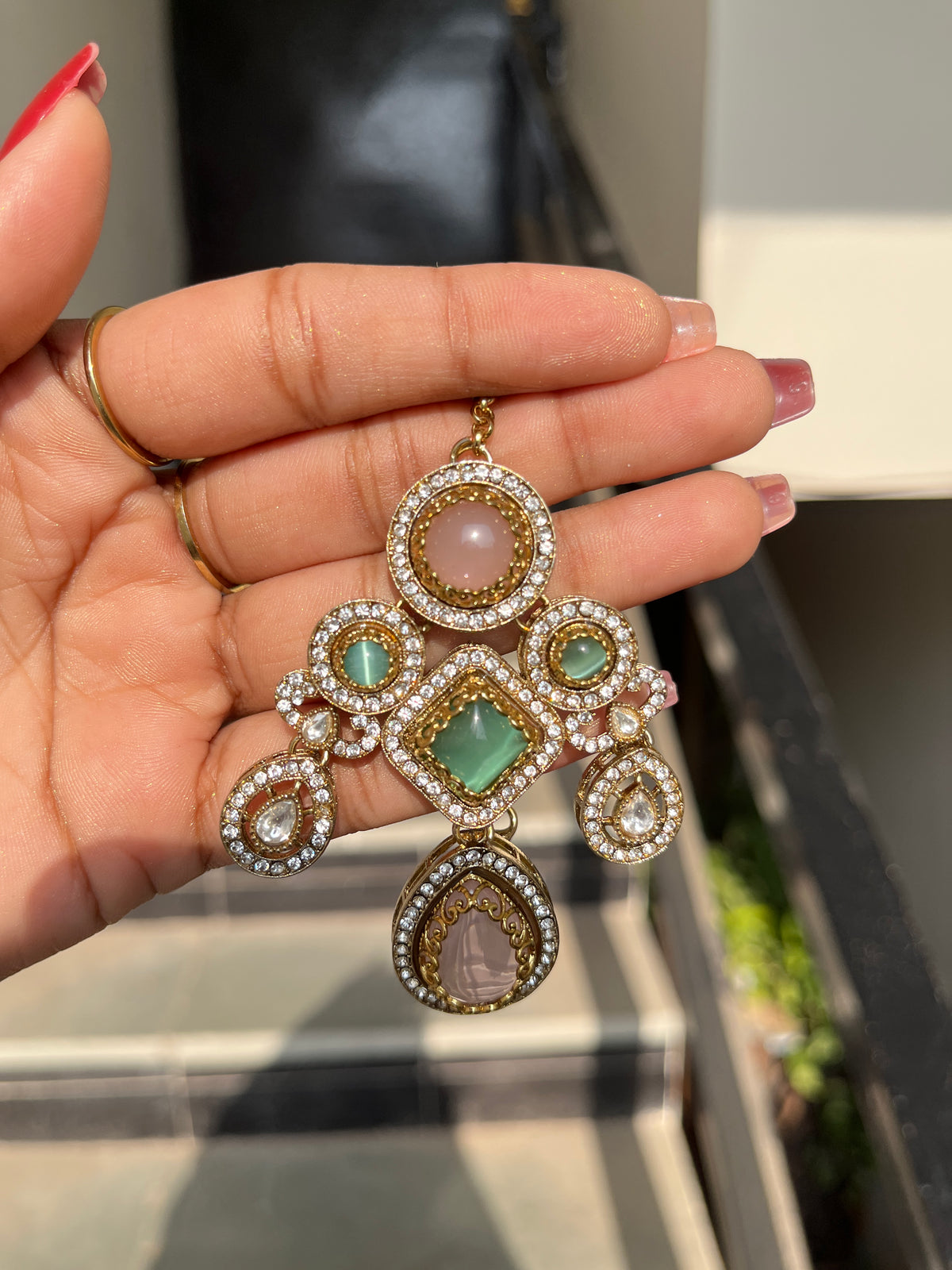 Blush Mint Narzika Premium Sabya Inspired Necklace Set with Earring & Teeka
