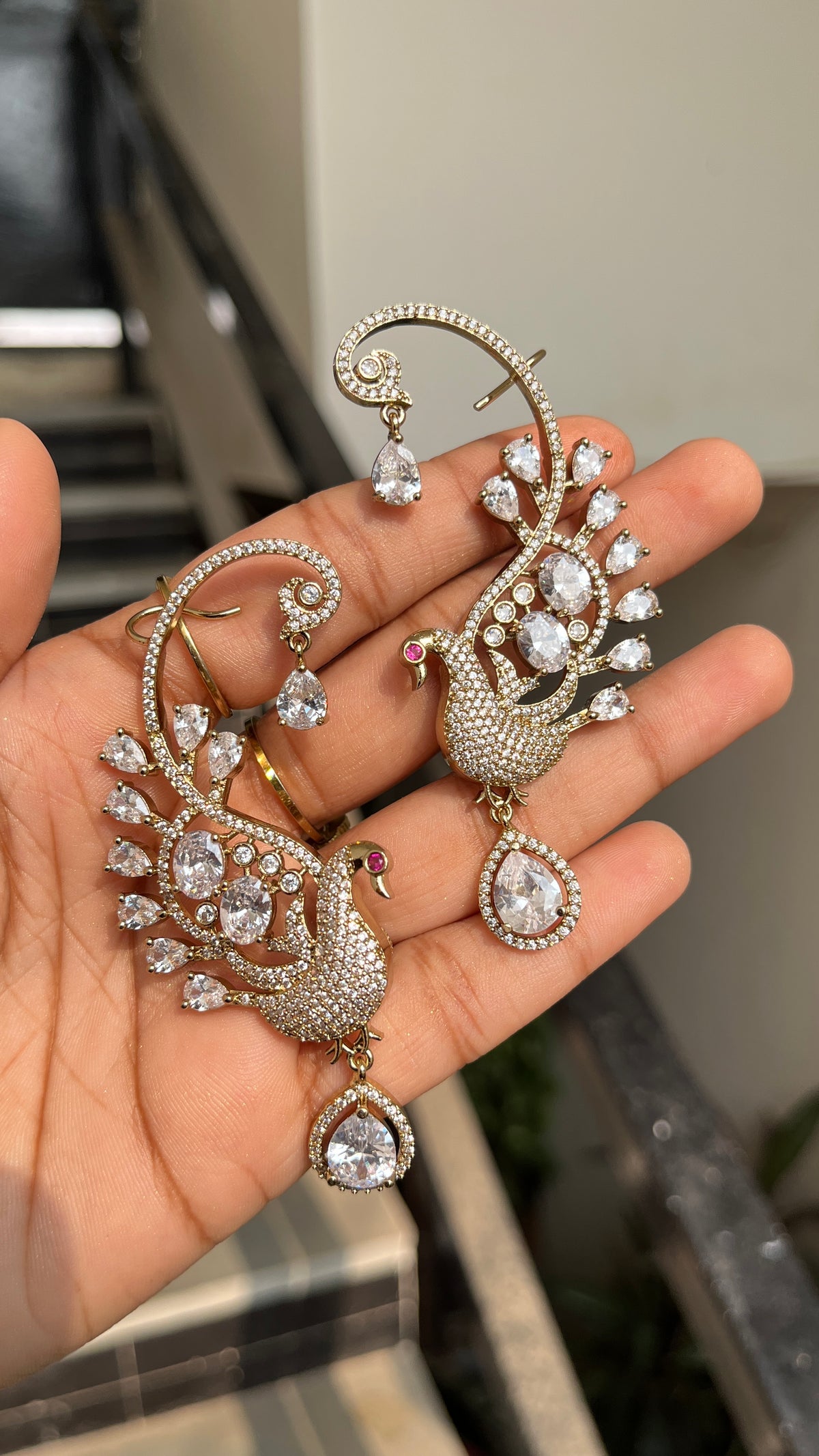 Royal Peacock Golden Drop Earrings