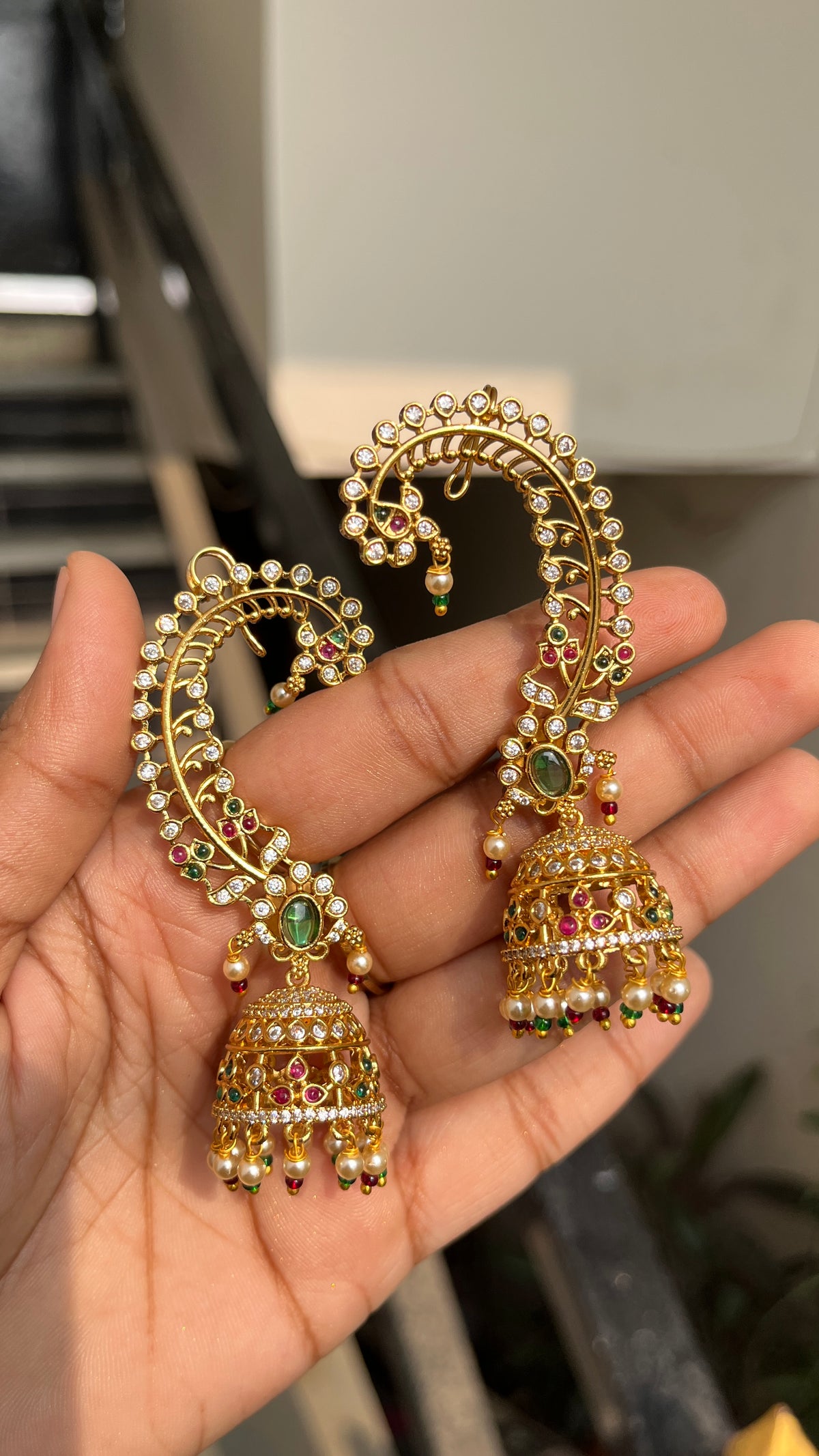 Premium Emerald Gold Jhumki Ear-Cuffs