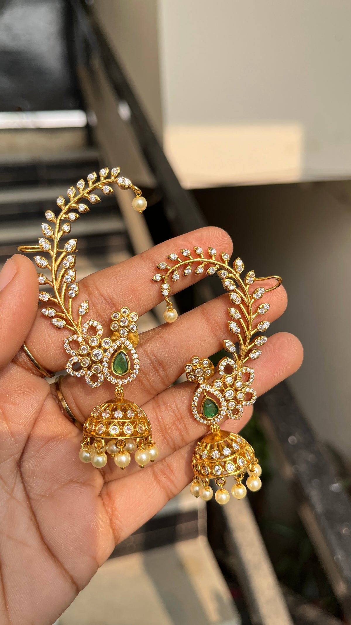 Premium Emerald Green Jhumki Ear-Cuffs
