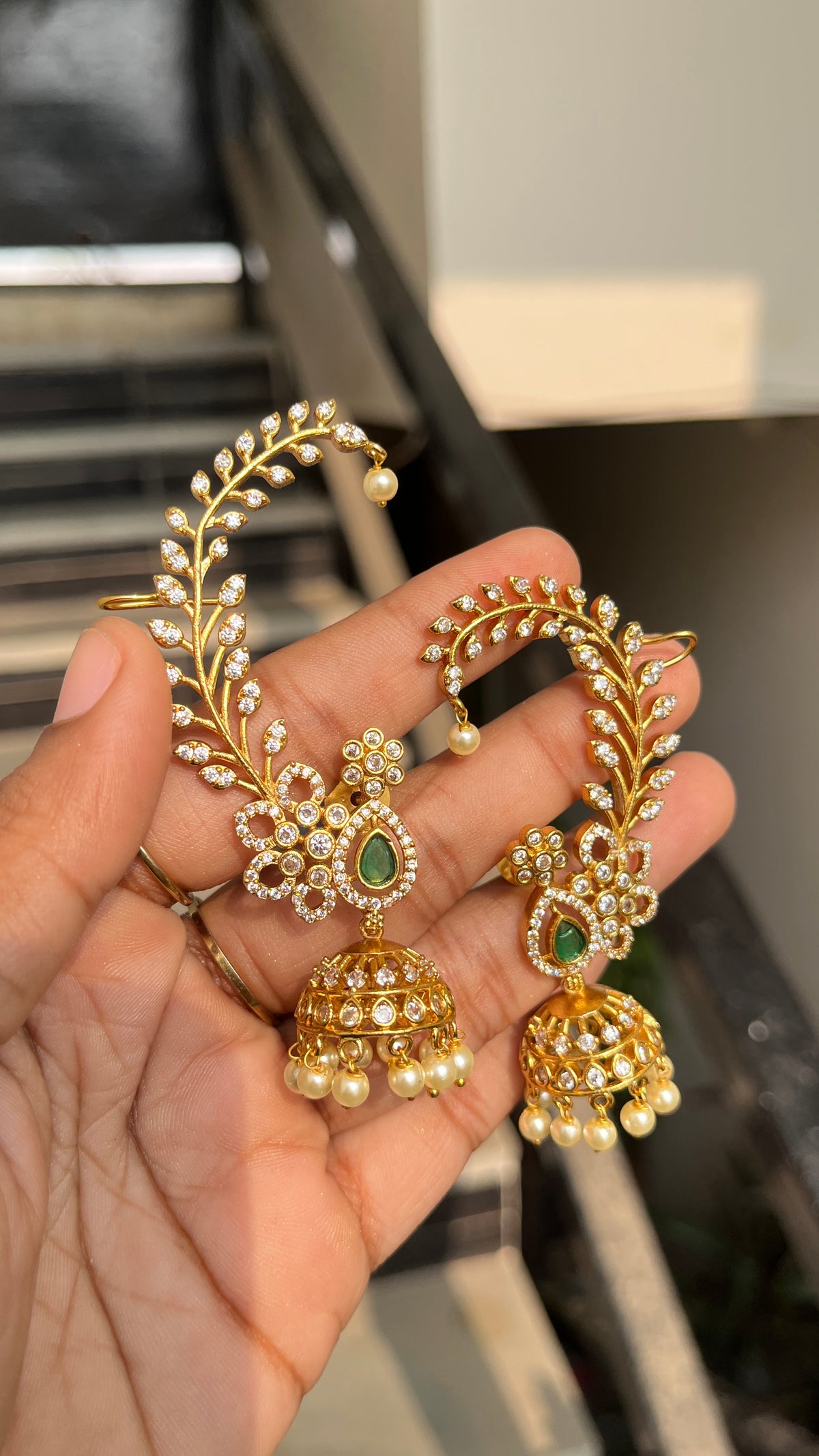 Premium Emerald Green Jhumki Ear-Cuffs